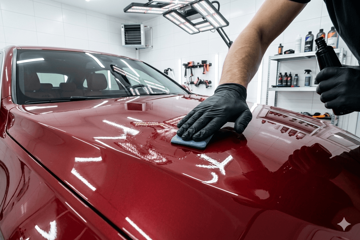 Detailer clay-barring a vehicle hood to remove embedded contamination