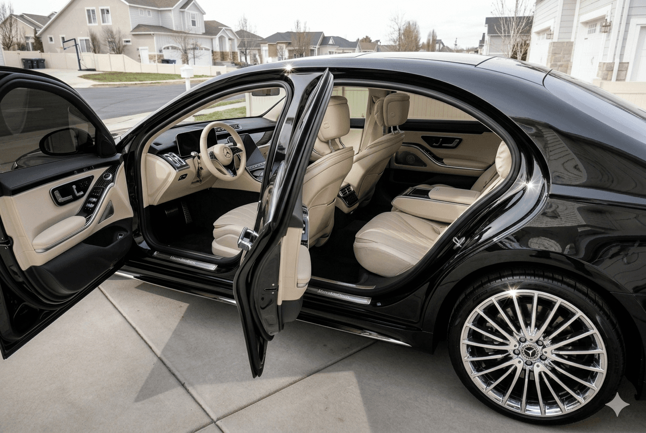 Luxury vehicle interior steam cleaning and glossy exterior finish after full detail